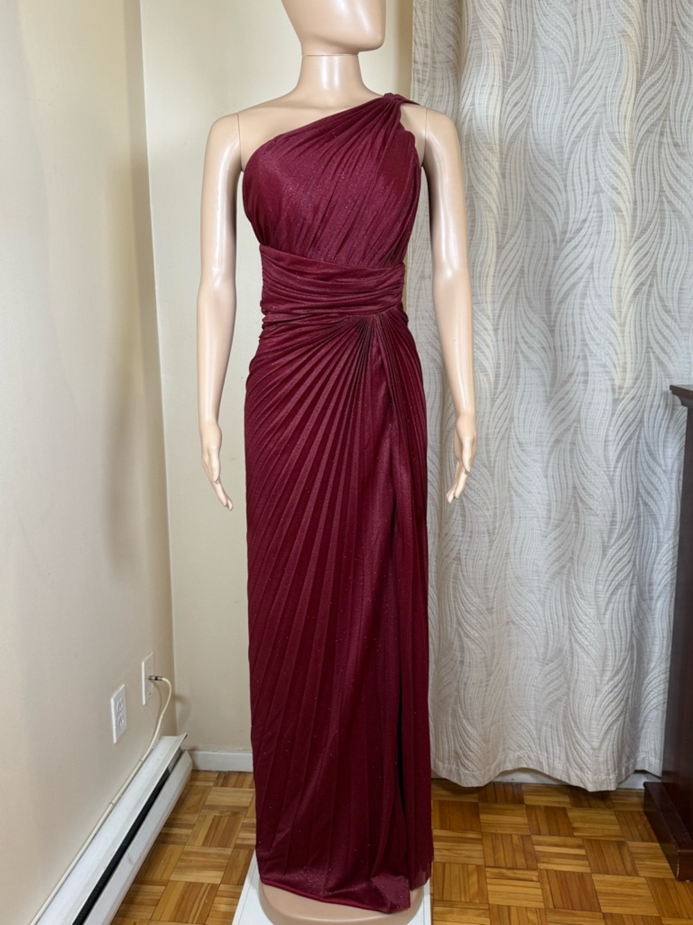 One-Shoulder Burgundy Pleated Evening Gown